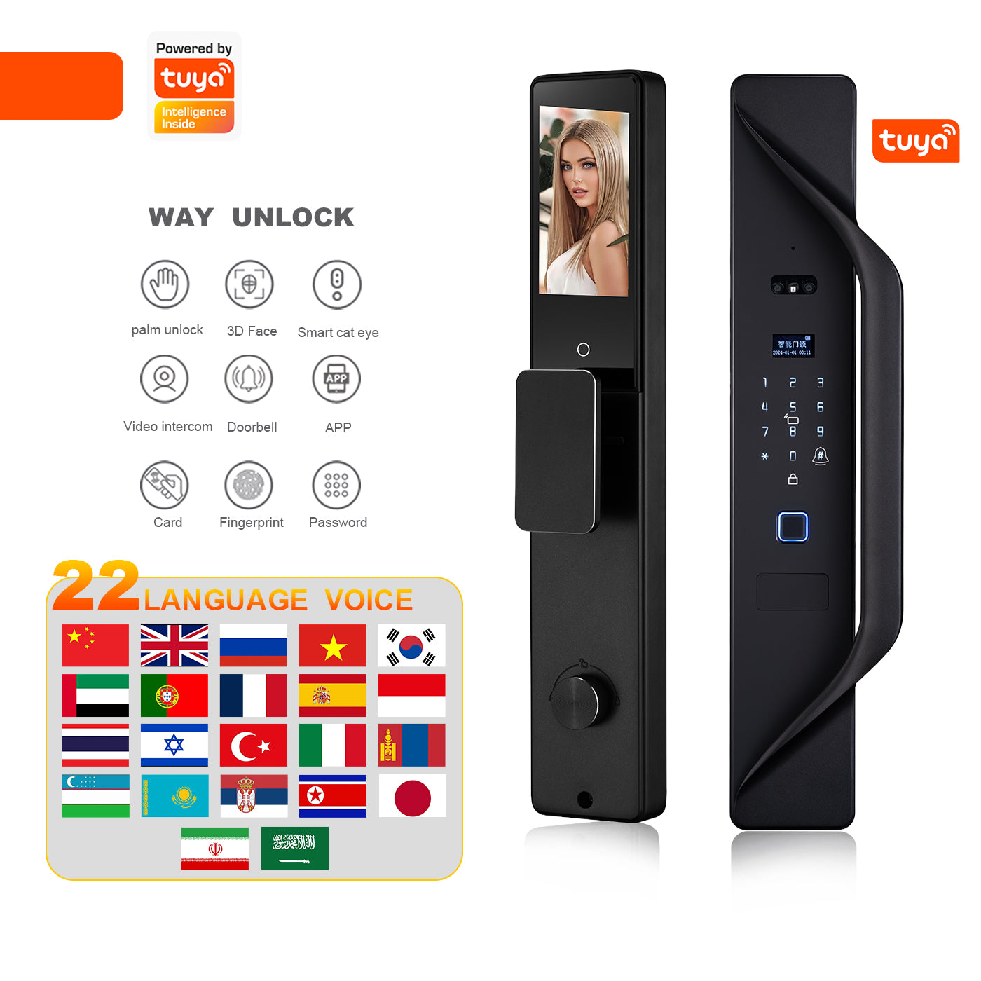 Tuya Digital Door Lock, multi-language smart lock, 3D security video intercom, keyless WiFi smart lock with fingerprint and face recognition