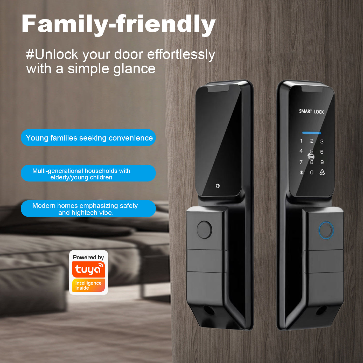 Intelligent electronic wooden door lock with facial recognition, fingerprint, graffiti and password lock.