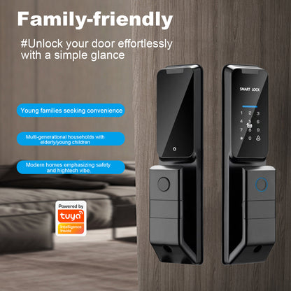 Intelligent electronic wooden door lock with facial recognition, fingerprint, graffiti and password lock.