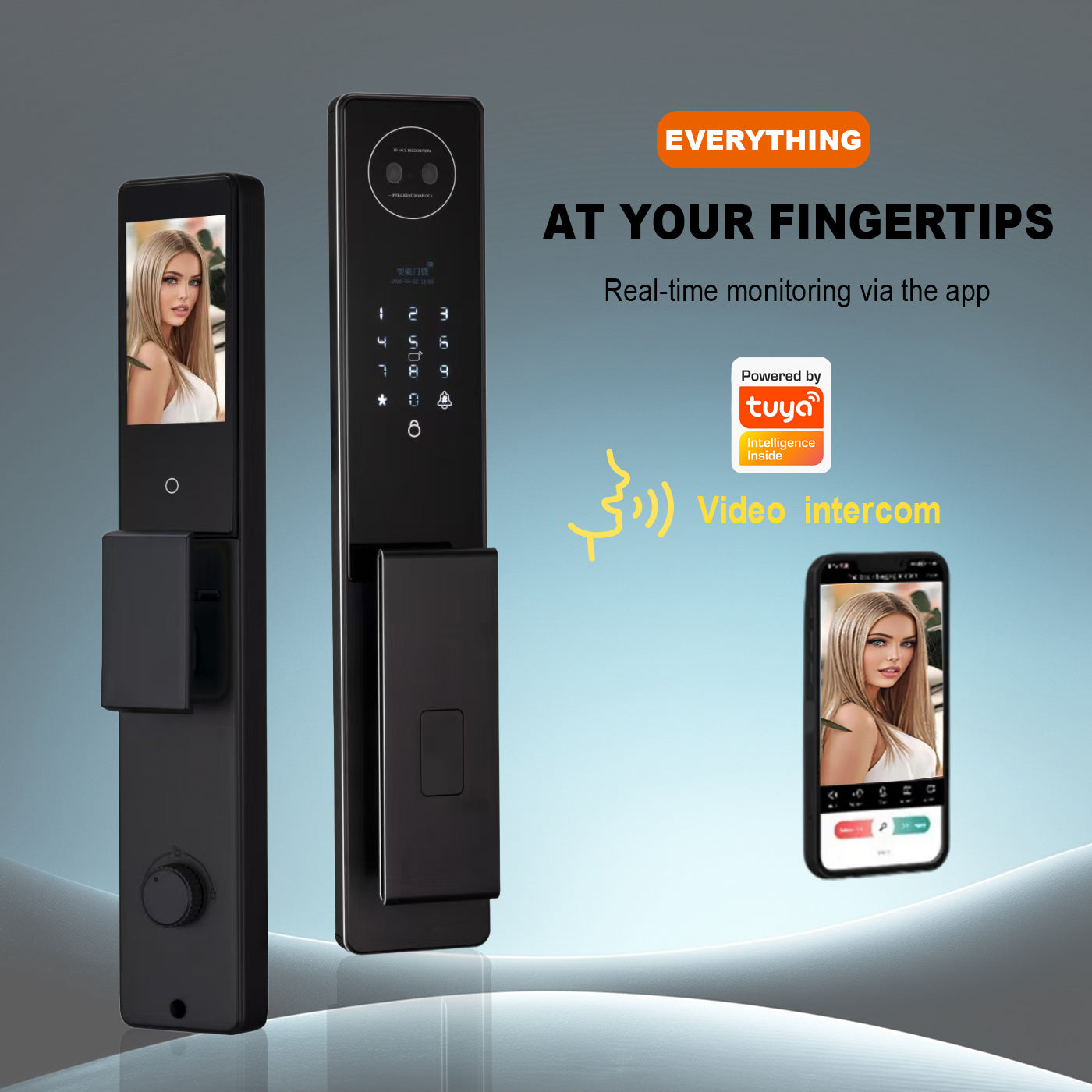 Language screen lock 3D facial recognition intelligent door lock with camera video and voice