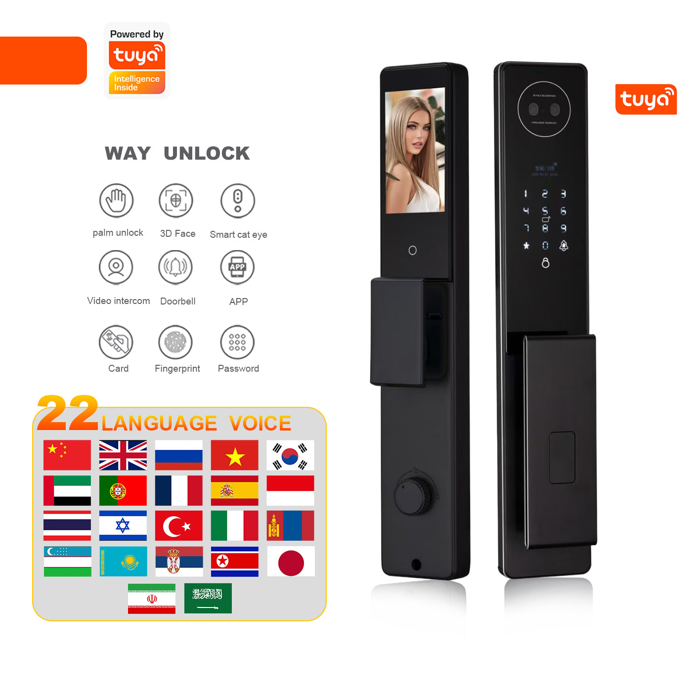 Language screen lock 3D facial recognition intelligent door lock with camera video and voice